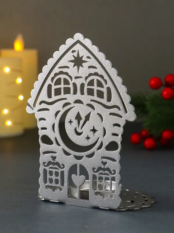 Подсвечник новогодний  Подсвечник новогодний "Домик с часами" серебряный 6,7х10х13,5 см