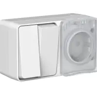 AtlasDesign PROFI IP54 блок открытого монтажа: розетка с заземлением со шторками 16А, выключатель 2-клав.10А, серый