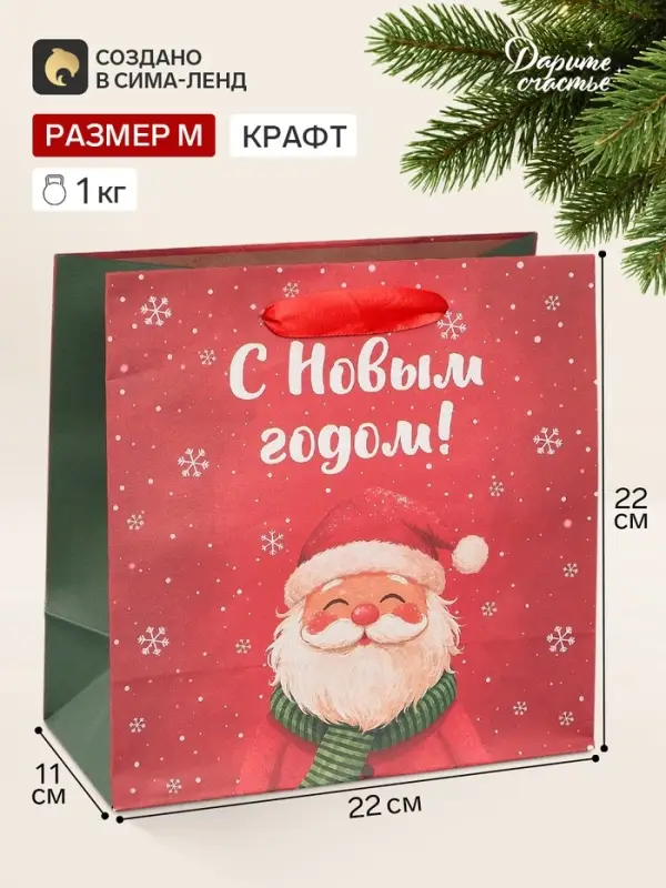 Пакет подарочный &laquo;С Новым годом&raquo;, Дед Мороз, 22&times;22&times;11 см