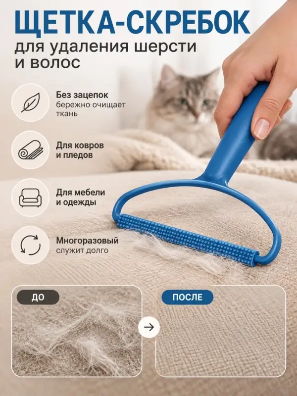 Щетка-скребок для одежды от волос и шерсти, пластик, металл, 16.5&times;13.5 см, зеленый