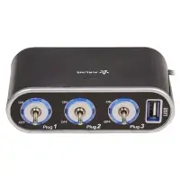 Прикуриватель-разветвитель 3 гнезда 5А + USB 1A, с выключателями нагрузки