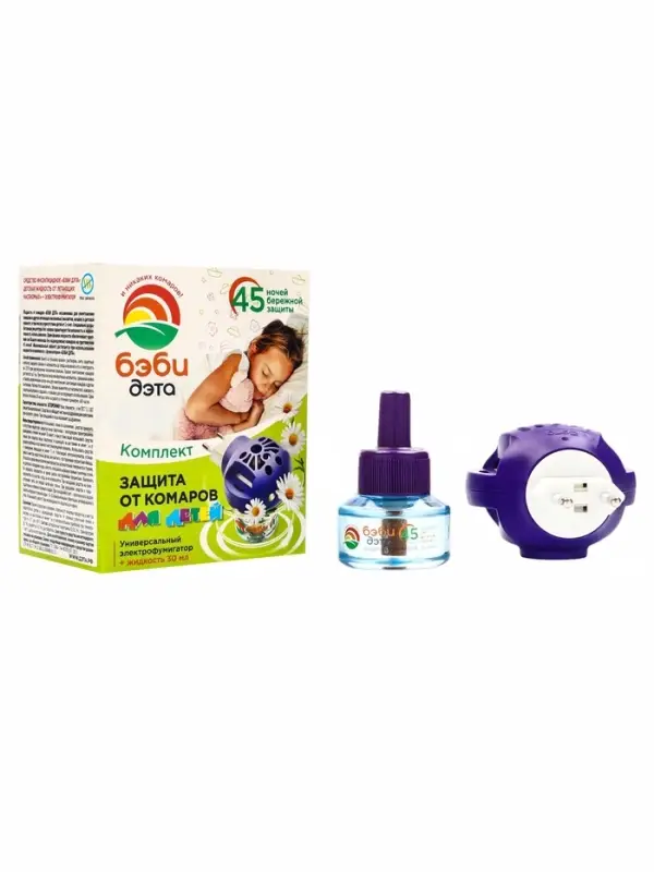Жидкость от комаров ДЭТА БЭБИ ИНСЕКТО комплект жидкость 45 ночей, флакон 30 мл. + электрофумигатор 2 в 1