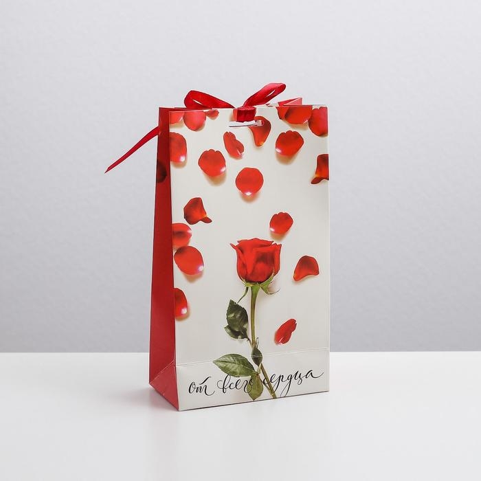 Пакет подарочный с лентой, упаковка, «От всего сердца», 13 х 23 х 7 см