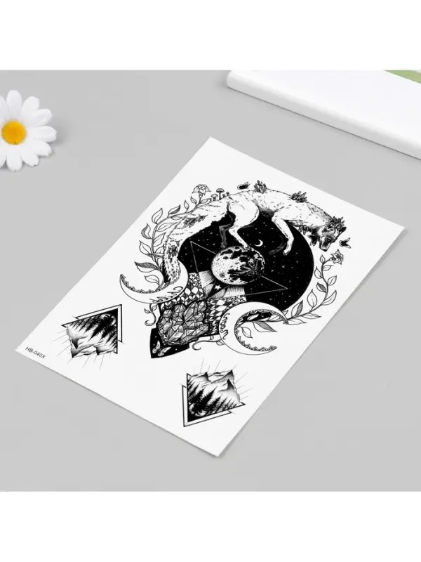 Переводная тату на тело чёрная «Лунный лис», 21×14.8 см