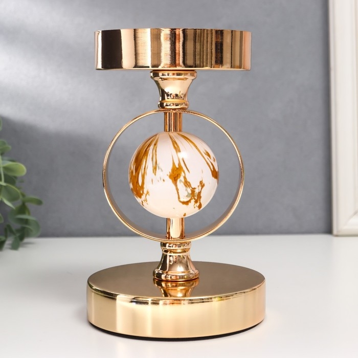 Подсвечник металл на 1 свечу "Белый мраморный шар в сфере" золото 18,5х12х12 см