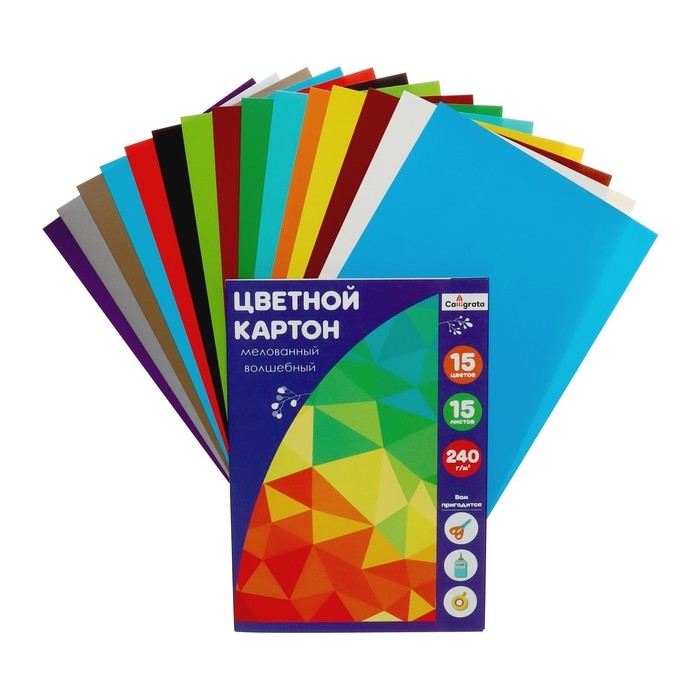 Картон цветной А4, 15 листов, 15 цветов, в папке "Радужный", золото+серебро, мелованный 240 г/м2