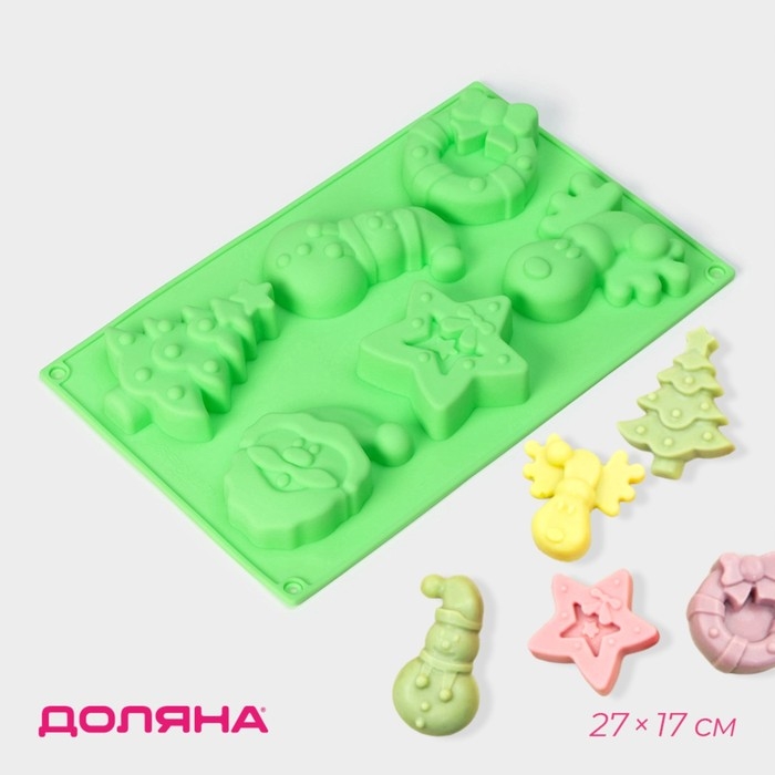 Форма для выпечки новогодняя Доляна &laquo;Новый год&raquo;, силикон, 27&times;17&times;2 см, 6 ячеек, цвет зелёный