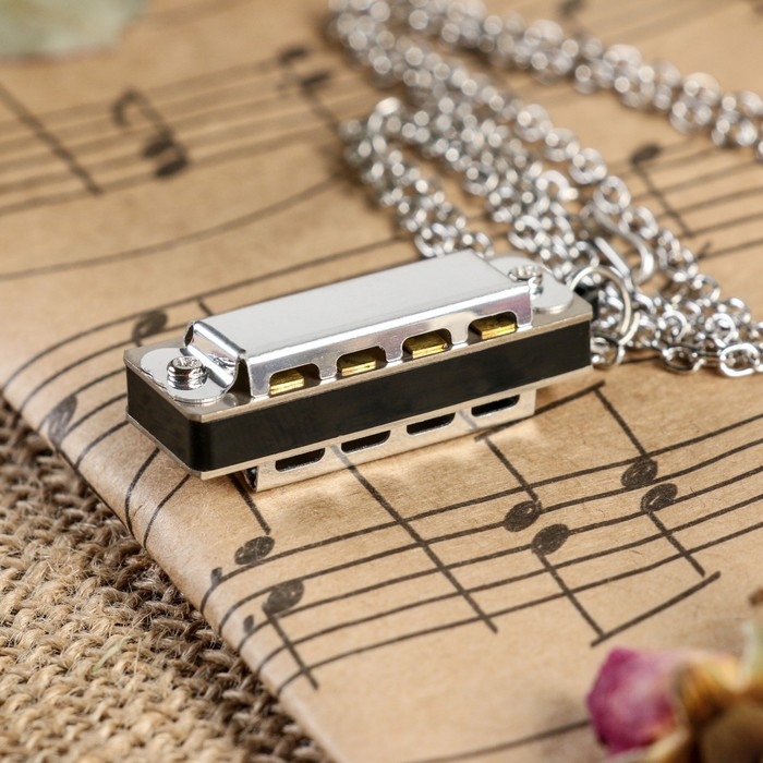 Губная гармошка Music Life  4 отверстия, 8 тонов, 3,5х1,5х1см, цепь 28см, серебристая Губная гармошка Music Life  4 отверстия, 8 тонов, 3,5х1,5х1см, цепь 28см, серебристая