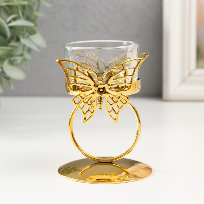 Подсвечник металл на 1 свечу Подсвечник металл на 1 свечу "Бабочка и кольцо" d=5 см золото 6,5х6,5х9,3 см
