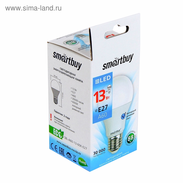 Лампа cветодиодная Smartbuy, E27, A60, 13 Вт, 6000 К, холодный белый свет Лампа cветодиодная Smartbuy, E27, A60, 13 Вт, 6000 К, холодный белый свет