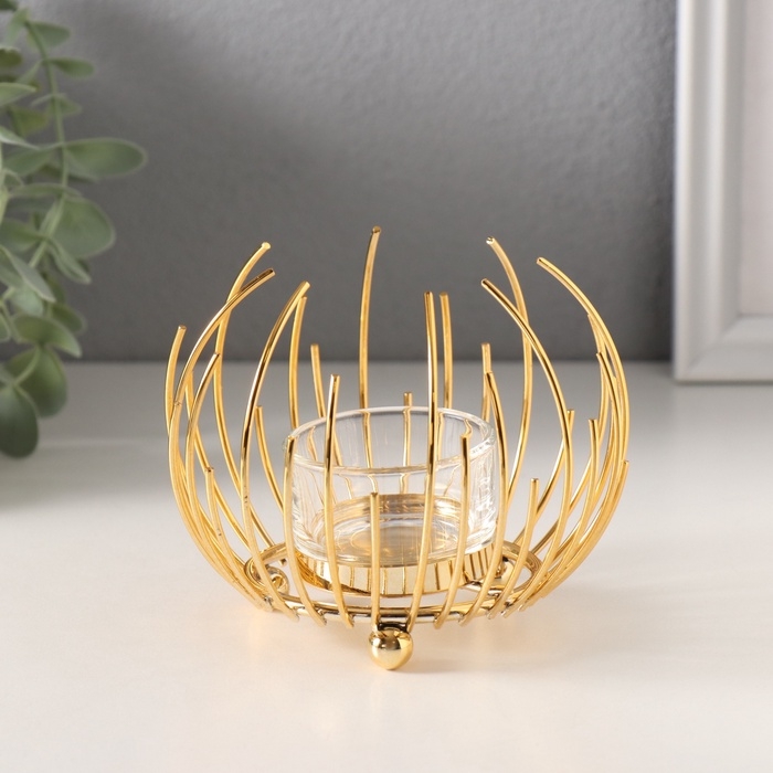 Подсвечник металл, стекло на 1 свечу Подсвечник металл, стекло на 1 свечу "Золотой цветок из прутьев" d=4,5 см 12х12х9 см