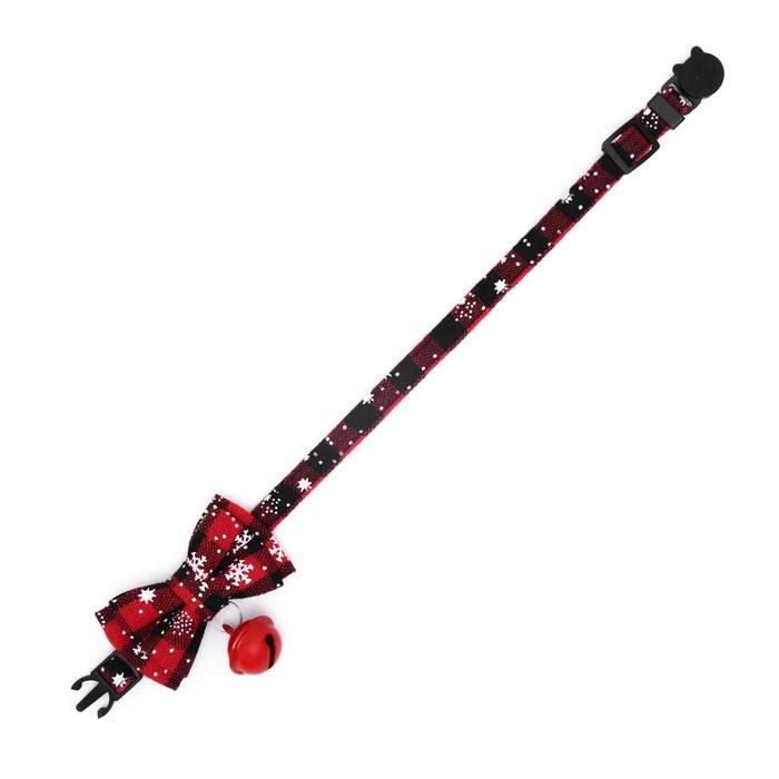 Ошейник текстильный со снежинками и бубенчиком, 30 х 1 см, красно-чёрный Ошейник текстильный со снежинками и бубенчиком, 30 х 1 см, красно-чёрный