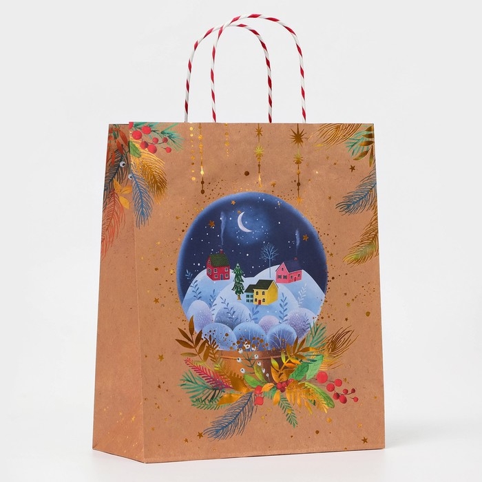 Новый год. Пакет бумажный подарочный новогодний крафт Новый год. Пакет бумажный подарочный новогодний крафт "Рождественский стекляный шар" 18 х 22,3 х 10 см.