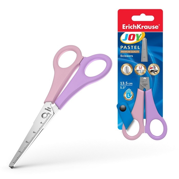 Ножницы детские для левшей 13,5 см, ErichKrause Joy Pastel, с линейкой на лезвиях, закруглённые концы, блистер Ножницы детские для левшей 13,5 см, ErichKrause Joy Pastel, с линейкой на лезвиях, закруглённые концы, блистер