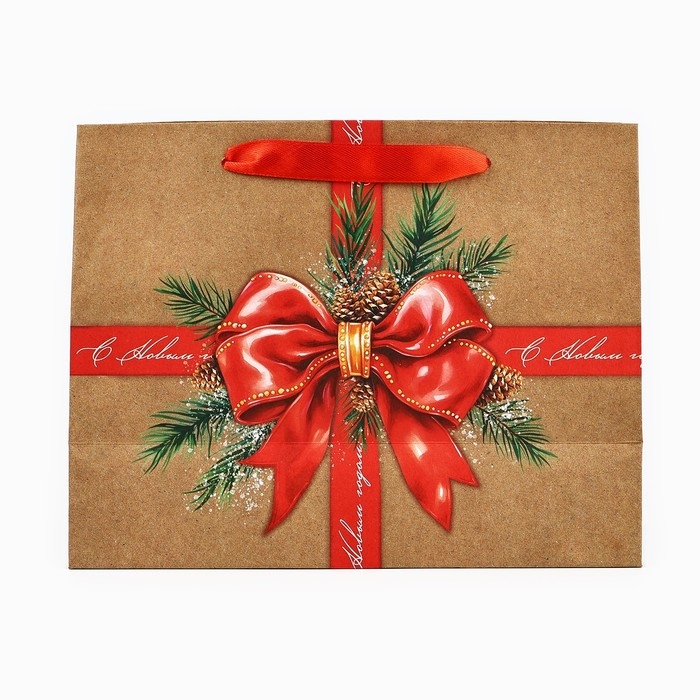 Пакет подарочный новогодний крафтовый вертикальный «С Новым годом», бант, MS 18 х 23 х 10 см, Новый год Пакет подарочный новогодний крафтовый вертикальный «С Новым годом», бант, MS 18 х 23 х 10 см, Новый год