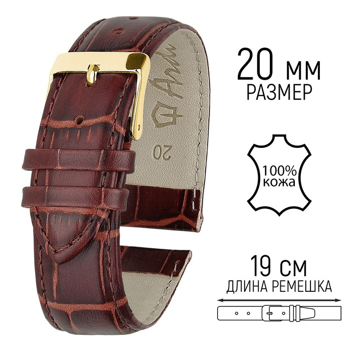 Ремешок для часов, мужской, 75 мм, запряжник 80 мм, горт 115 мм, нат. кожа, тёмно-коричневый Ремешок для часов, мужской, 75 мм, запряжник 80 мм, горт 115 мм, нат. кожа, тёмно-коричневый