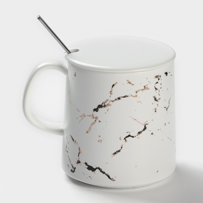 Кружка керамическая с ложкой «Белый мрамор», 350 мл, цвет белый Кружка керамическая с ложкой «Белый мрамор», 350 мл, цвет белый