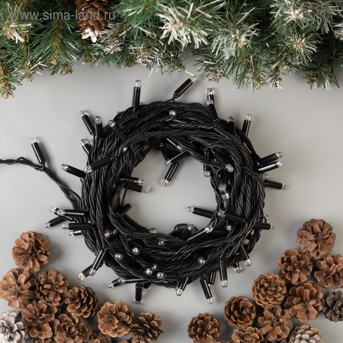 Гирлянда «Нить» 10 м, IP65, УМС, тёмная нить, 100 LED, свечение синее, мерцание белым, 220 В