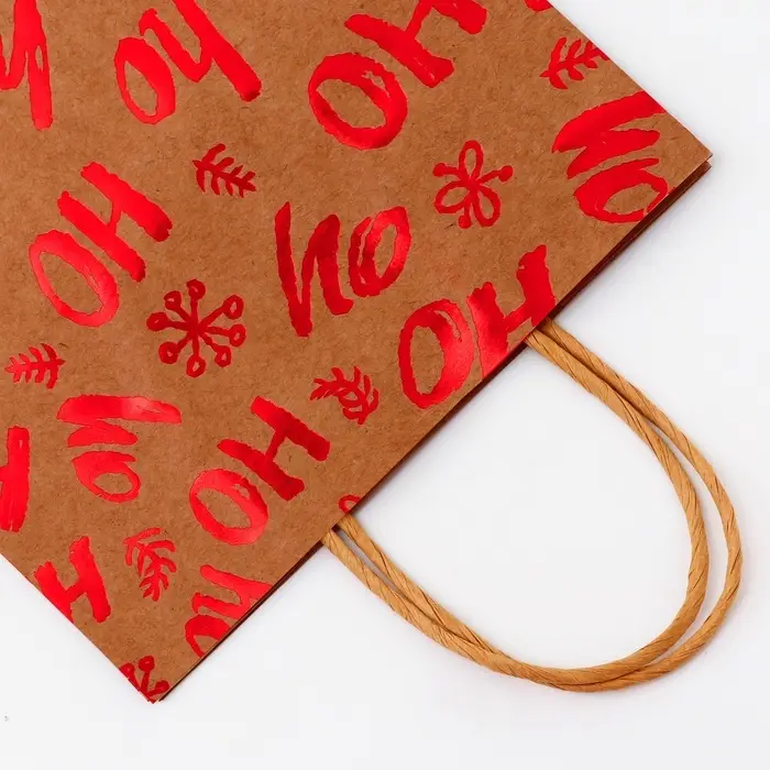 Пакет крафт с тиснением, круглая ручка, Пакет крафт с тиснением, круглая ручка, "Хо - Хо - Хо" 21×27×11 см, 120 г