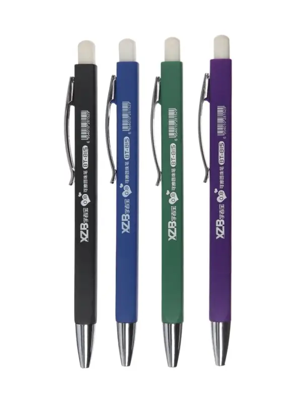 Стираемая ручка, шариковая, автоматическая, синий стержень, узел 0.8 мм, прорезиненный квадратный корпус, МИКС