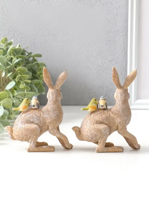 Сувенир полистоун "Кролик с синичками на спине" набор 2 шт 14х5,5х11,5 см