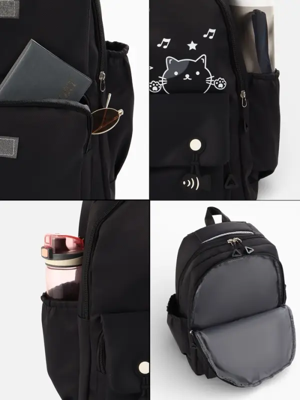 Рюкзак школьный &laquo;Котик&raquo;, 3 кармана, 2 отделения, 29&times;14&times;44 см, чёрный