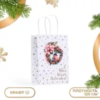 Пакет подарочный новогодний крафт &laquo;С Новым годом и Рождеством&raquo;, 22&times;25&times;12 см