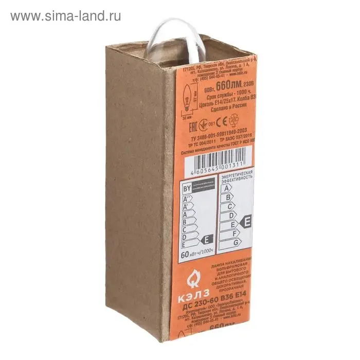 Лампа накаливания КЭЛЗ, ДС, Е14, 60 Вт, 230 В Лампа накаливания КЭЛЗ, ДС, Е14, 60 Вт, 230 В