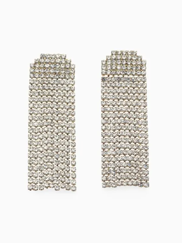 Серьги висячие со стразами &laquo;Водопад&raquo;, мягкий квадрат, белые в золоте