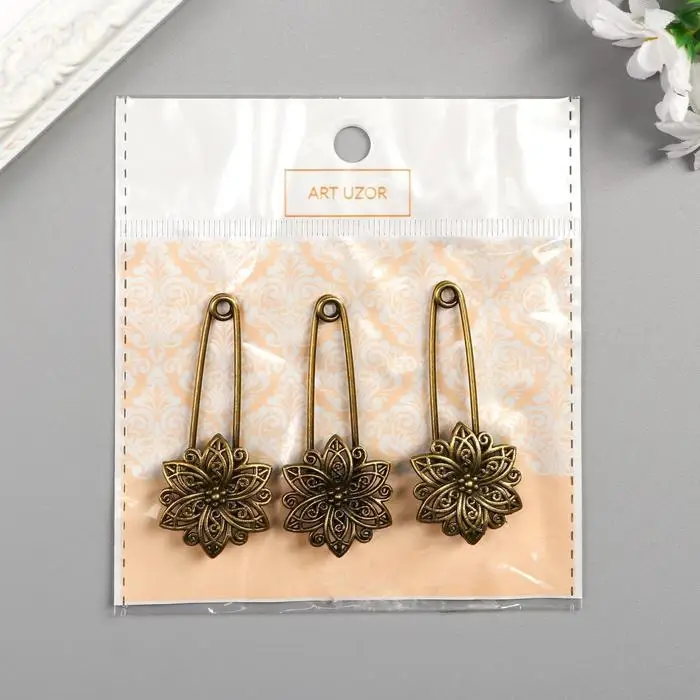 Декор металл для творчества "Булавка с цветком" под латунь (J-25) 5,5х2,5 см