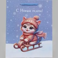 Пакет подарочный &laquo;С Новым годом! Котик на санках&raquo; 18&times;10&times;22.3 см