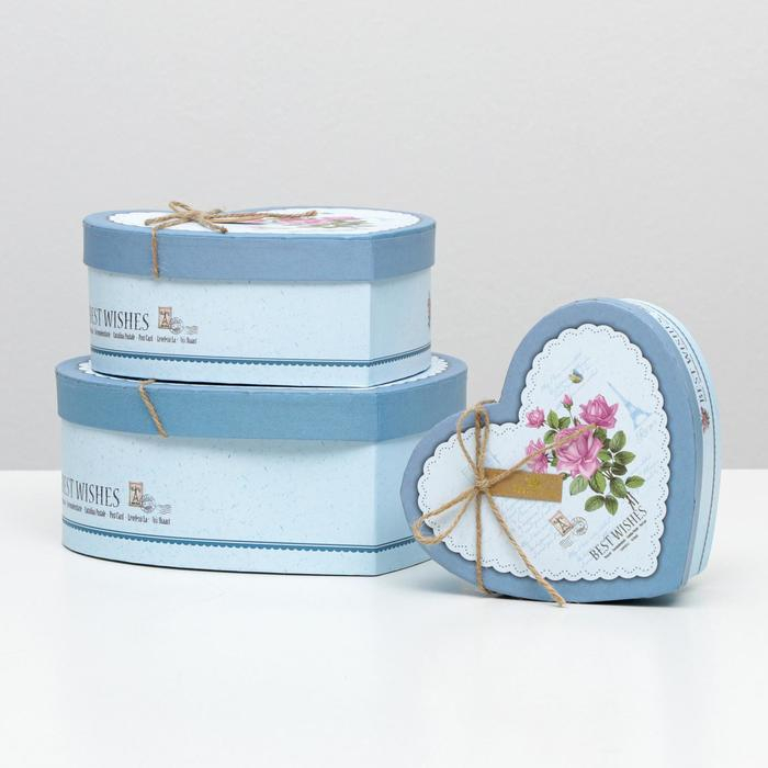 Набор коробок 3 в 1 сердца  Набор коробок 3 в 1 сердца "Розы" голубой, 21 х 19 х 9 - 15.5 х 14 х 6 см