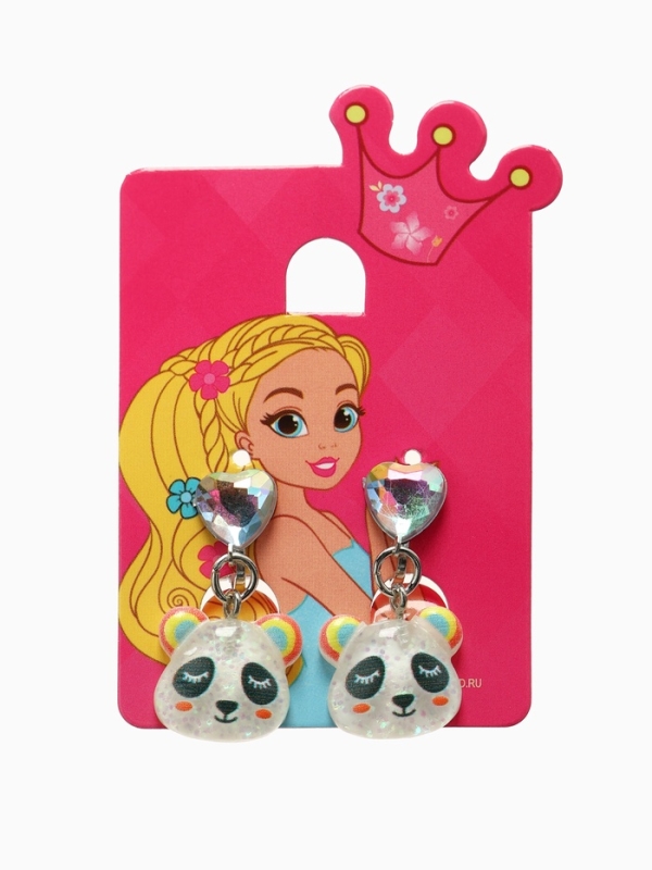 Серьги-клипсы детские  Серьги-клипсы детские "Выбражулька" панда с сердцем кристалл, цветные