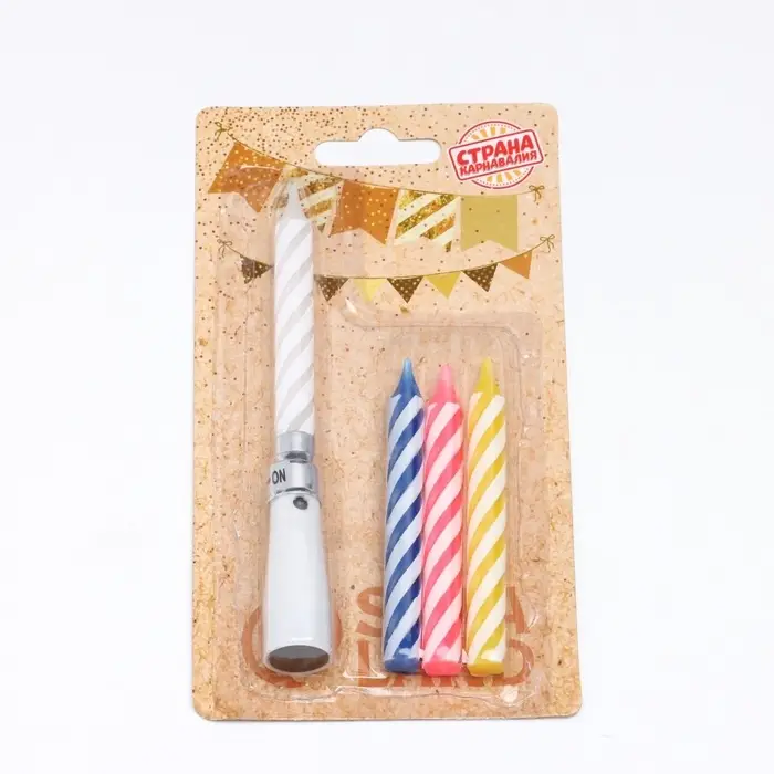 Свечи для торта «Яркая полоска», 7 см, набор 3 витых и музыкальная Свечи для торта «Яркая полоска», 7 см, набор 3 витых и музыкальная