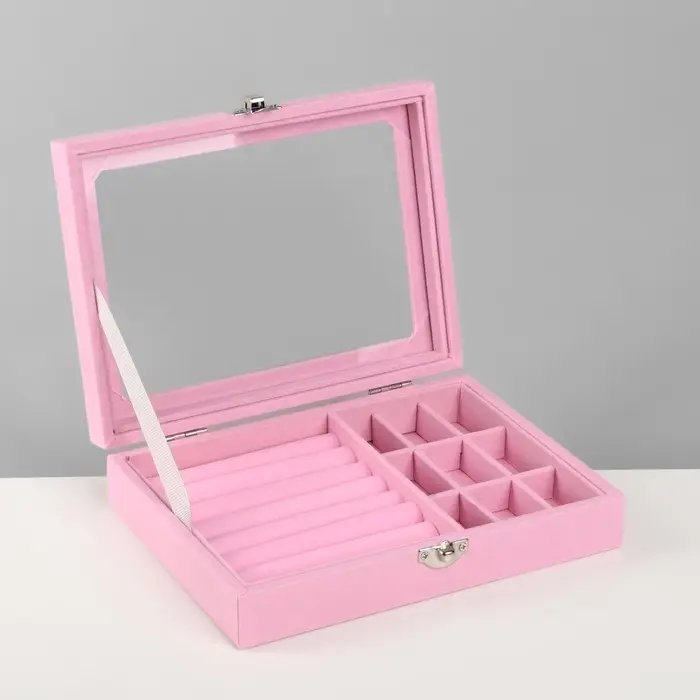 Шкатулка для украшений, 7 полос, 9 ячеек, 20.5&times;15&times;5 см, розовая