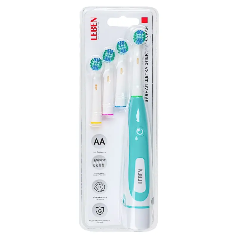 LEBEN Зубная щётка электрическая, круглая, 4 насадки в комплекте, 2xАА, 6000 об/мин