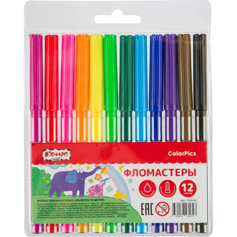 Фломастеры Комус Класс ColorPics набор 12 цв.,вентилир.,смыв., блист. упак