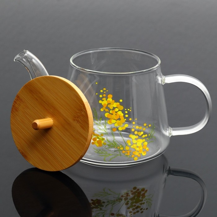 Чайник стеклянный заварочный с бамбуковой крышкой «Нежная мимоза», 600 мл Чайник стеклянный заварочный с бамбуковой крышкой «Нежная мимоза», 600 мл