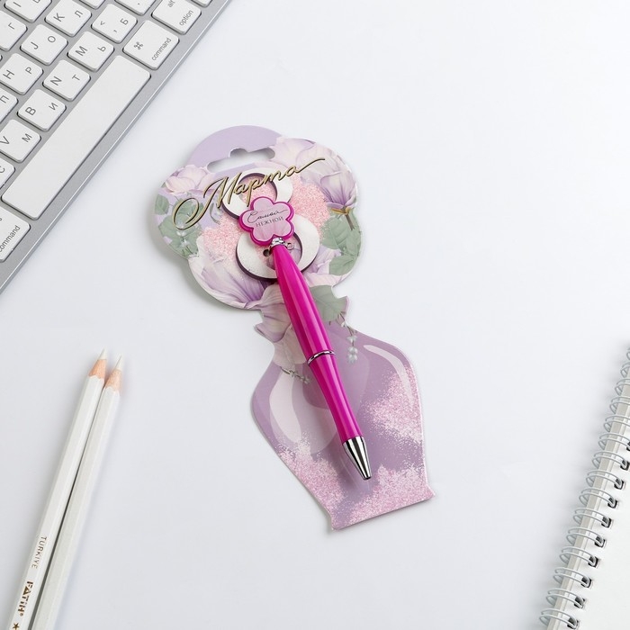 Ручка «8 Марта»,пластик, с цветок, на подложке-ваза