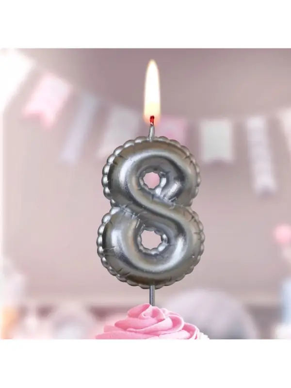Свеча в торт на шпажке "Воздушая цифра", цифра "8", серебро