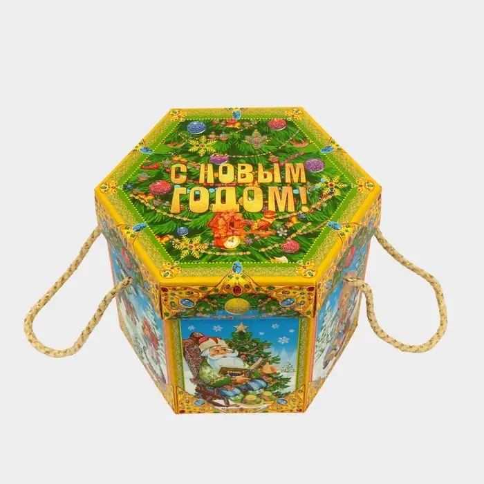 Подарочная коробка новогодняя Шестигранник малый &laquo;Время сказок&raquo; с веревочными ручками, 210&times;210&times;185 мм
