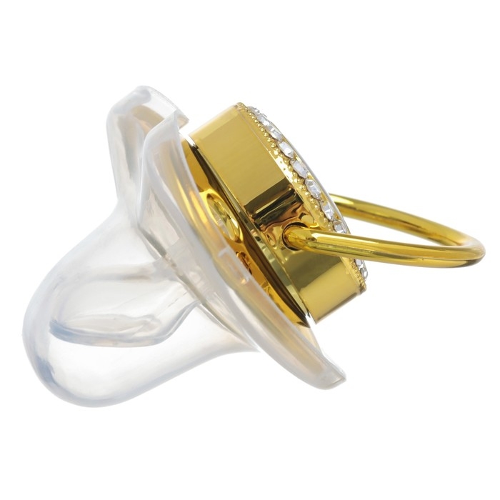 Соска - пустышка силиконовая ортодонтическая «Доллар», от 6 мес., с колпачком + держатель - цепочка, цвет золотой/черный, стразы Соска - пустышка силиконовая ортодонтическая «Доллар», от 6 мес., с колпачком + держатель - цепочка, цвет золотой/черный, стразы