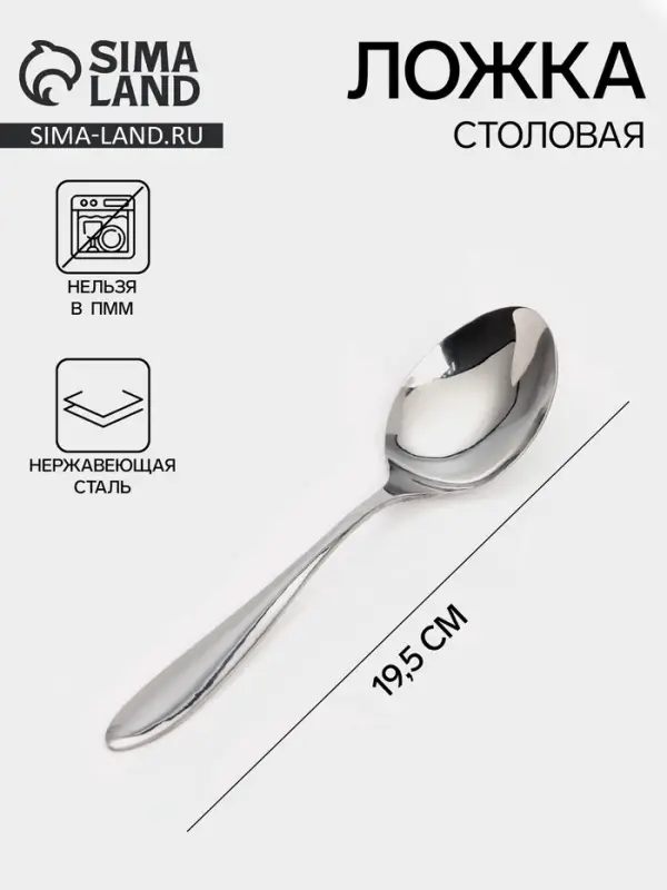 Ложка столовая &laquo;Соло&raquo;, длина 19.5 см, толщина 2 мм, нержавеющая сталь, серебристая