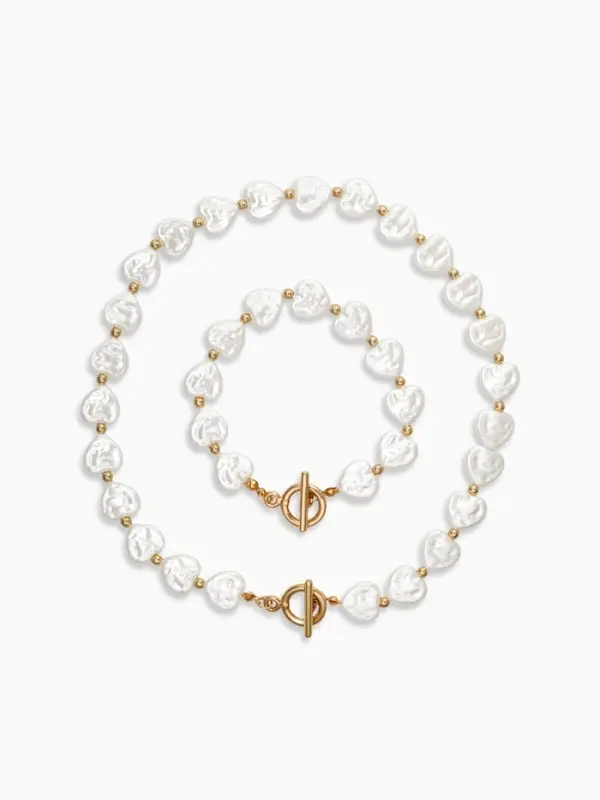 Набор 2 пред-та: бусы,браслет "Жемчуг барочный", сердечки, 40/18см, цвет белый в золоте