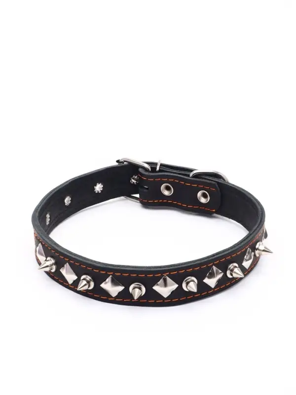 Ошейник кожаный двухслойный шипованный, 63&times;3 см, ОШ 40-55 см, чёрный