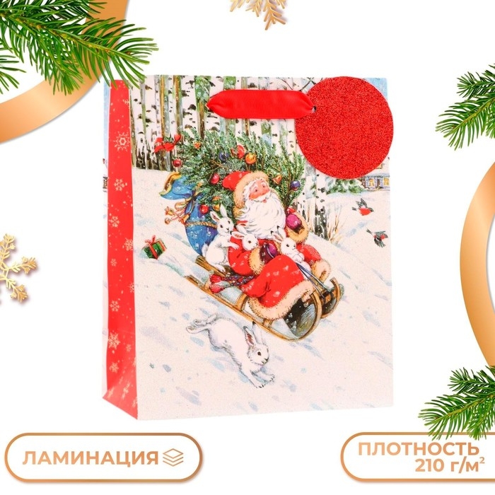 Новый год. Пакет подарочный  Новый год. Пакет подарочный "На санях", люкс, 18 х 22,3 х 10 см.