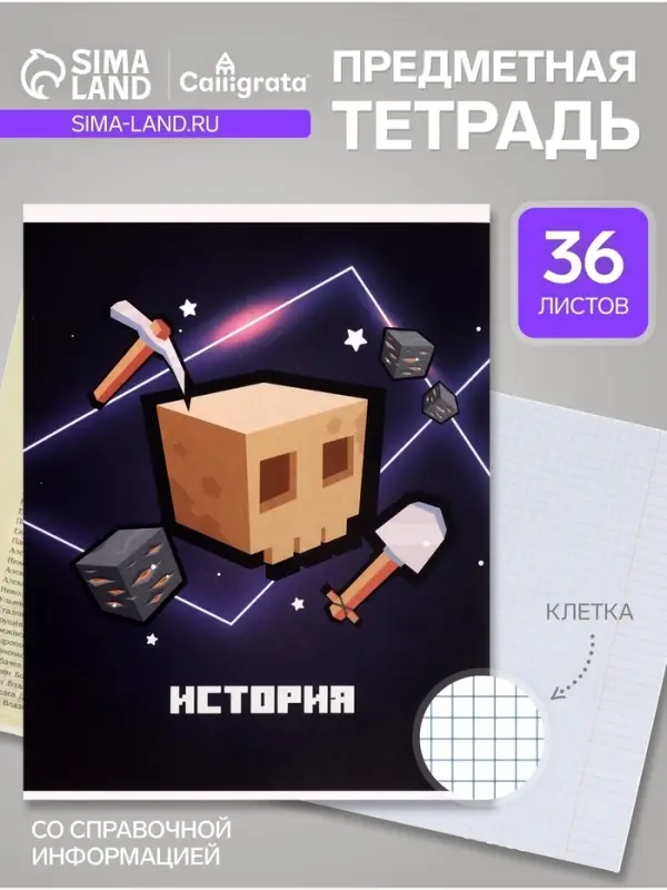 Предметная тетрадь по истории Calligrata &laquo;Пиксели&raquo;, 36 листов, в клетку, со справочным материалом, обложка из мелованного картона