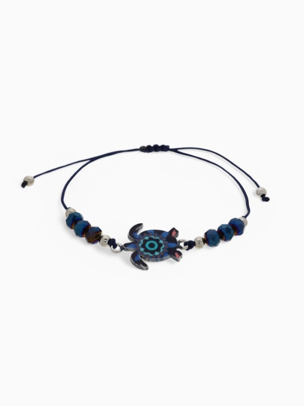 Браслет «Черепашка» на нити, бусина, тёмно-синий в серебре