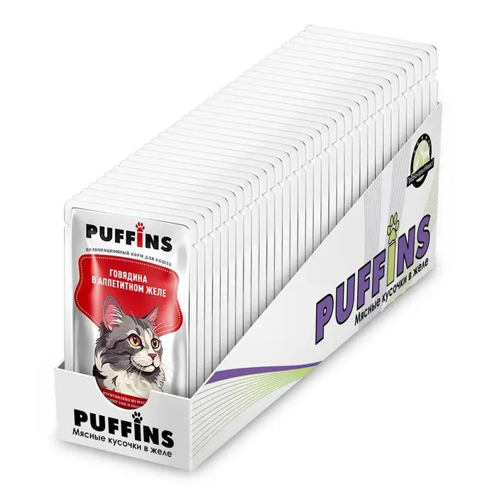 Влажный корм Влажный корм "Puffins" для кошек, говядина в желе, 75 г