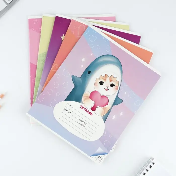Тетрадь в клетку 18 листов А5, на скрепке &laquo;Котя&raquo;, обложка мелованный картон, 5 видов МИКС
